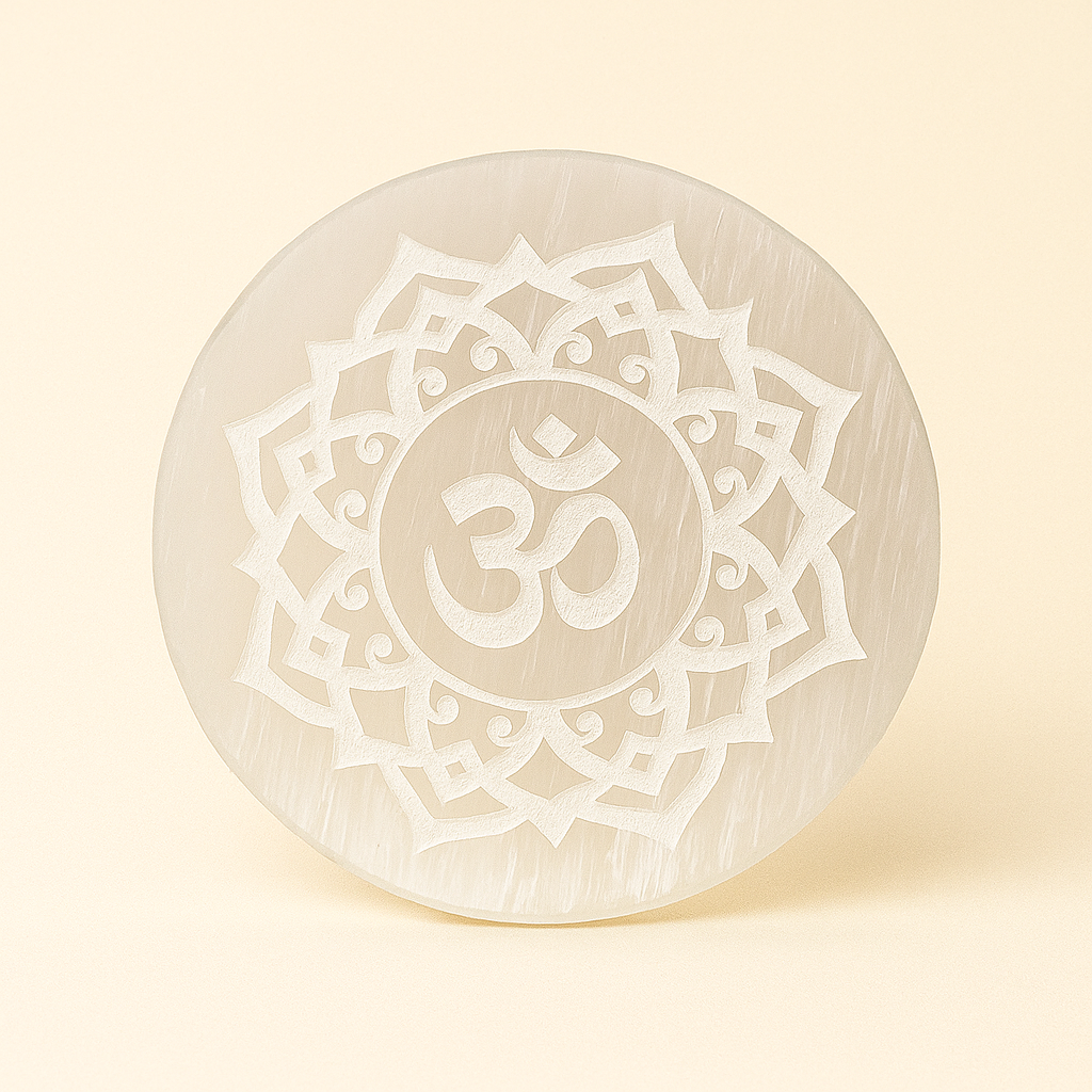 Selenite Plate with Om Mandala Design